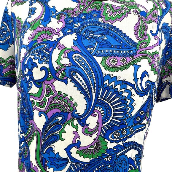 Vintage Shelton Stroller 60s White Dress Blue Paisley Print Flower Front Zip - Picture 7 of 8